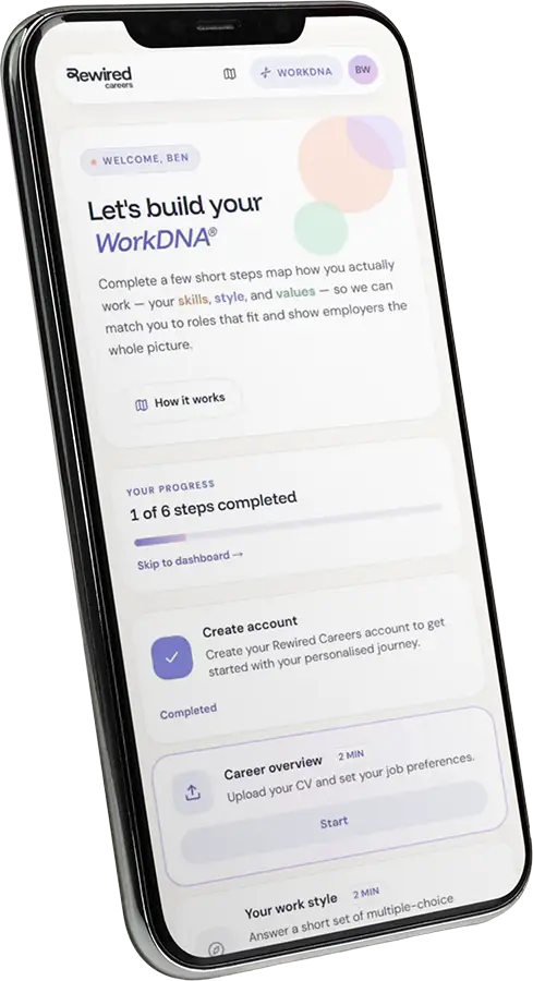 Rewired Careers WorkDNA journey on a phone
